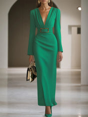 Green Deep V Neck Long Sleeve Sheath Maxi Dress