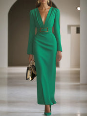Green Deep V Neck Long Sleeve Sheath Maxi Dress