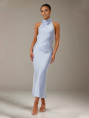 Blue Satin Sheath/Column High Neck Ankle Length Bridesmaid Dresses