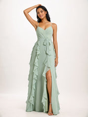 Dusty Sage A-Line V-Neck Ruffles Floor-Length Chiffon Bridesmaid Dress