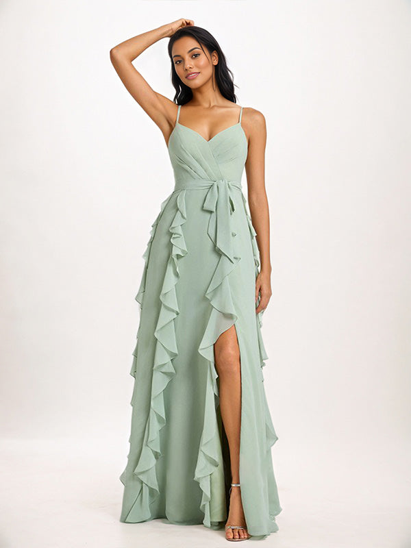 Dusty Sage A-Line V-Neck Ruffles Floor-Length Chiffon Bridesmaid Dress