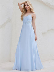Sky Blue Chiffon A Line Spaghetti Straps Sleeveless Floor Length Bridesmaid Dress With Applique