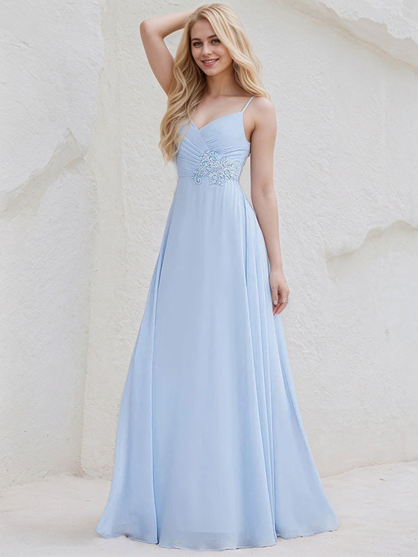 Sky Blue Chiffon A Line Spaghetti Straps Sleeveless Floor Length Bridesmaid Dress With Applique