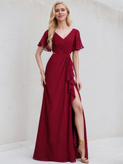 Burgundy Chiffon A Line V Neck Short Sleeves Floor Length Bridesmaid Dress With Ruffle
