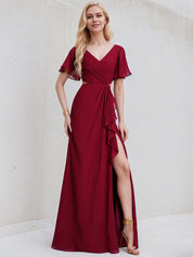 Burgundy Chiffon A Line V Neck Short Sleeves Floor Length Bridesmaid Dress With Ruffle