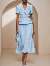 Women Light Blue Tweed Pleated Buckle Lapel Collar Short Sleeve Dressy Top With Skirt Two-Piece Set