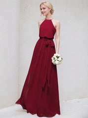 Burgundy A-Line Scoop Floor-Length Chiffon Bridesmaid Dress With Bow