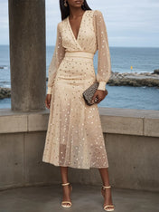 Apricot golden Chiffon V Neck Long Balloon Sleeve A-Line Midi Dress