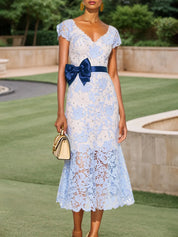 Blue Organza Bow Jacquard Hotfix Embellished Classic V Neck Short Sleeve Mermaid Midi Dress