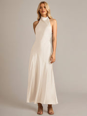 Cream Satin A Line Halter Neck Sleeveless Ankle Length Bridesmaid Dress