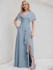 Dusty Blue Chiffon A Line V Neck Ruffle Sleeves Floor Length Bridesmaid Dress