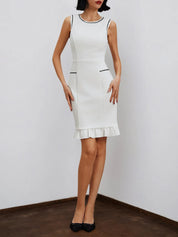White Lace Classic Crew Neck Sleeveless Balloon Sleeve Sheath Midi Dress