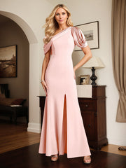Pink Trumpet/Mermaid Satin One Shoulder Sleeveless Ankle Length Dress With High Silt