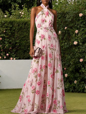 Pink Classic Floral Halter Short Sleeve A-Line Maxi Dress