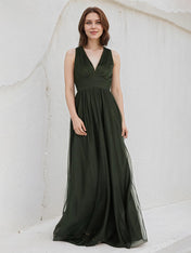 Dark Green A Line Tulle V Neck Sleeveless Floor Length Dress