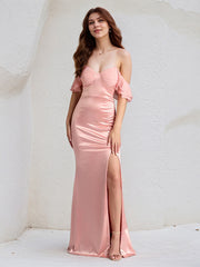 Blush Satin Sheath/Column Off the Shoulder Floor Length Bridesmaid Dress With Ruffle