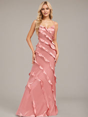 Blush Sheath/Column Spaghetti Straps Floor Length Satin Bridesmaid Dress Ruffle