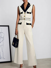 Women Off White Buckle Lapel Collar Sleeveless Dressy Jumpsuit