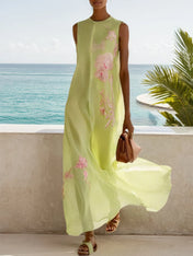 Yellow Embroidery Classic Crew Neck Sleeveless A-Line Maxi Dress