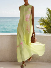 Yellow Embroidery Classic Crew Neck Sleeveless A-Line Maxi Dress