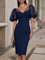 Purplish Blue V Neck Puff Sleeve Sheath Midi Dress