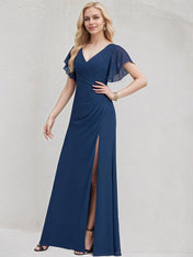Navy Blue Chiffon A Line V Neck Floor Length Bridesmaid Dress With Ruffle