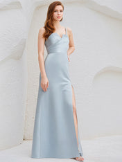 Ice Blue Satin A Line Spaghetti Straps Sleeveless Floor Length Bridesmaid Dress