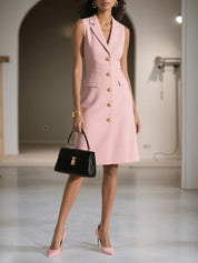Pink Shawl Collar Sleeveless A-Line Midi Blazer Dress
