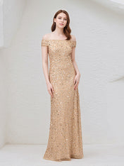 Champagne Chiffon Off the Shoulder Sleeveless Floor Length Dress With Sequins