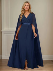 A Line V Neck Cap Sleeve Floor Length Chiffon Mother of the Bride Dress