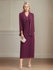 Sheath/Column Chiffon V Neck 3/4 Sleeves Tea Length Mother Of The Bride Dress