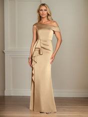 Champagne Satin Sheath/Column One Shoulder Sleeveless Floor Length Mother of the Bride Dresses
