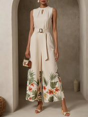 Women Off White Floral Cut Out Crew Neck Sleeveless Vacation Jumpsuit