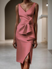Pink V Neck Ruffled Sleeveless Bow Sheath Midi Dress