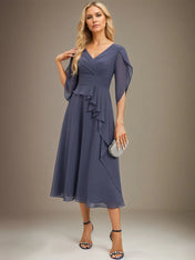 A Line V-Neck Tea-Length Chiffon Mother Of Bride Dresses With Pleated
