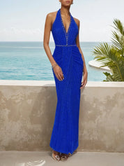 Blue Sequin Rhinestone Halter Sleeveless Sheath Maxi Dress