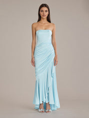 Sheath/Column Satin Off The Shoulder Sleeveless Floor Length Dresses With Ruffles