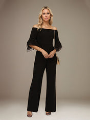 Black Chiffon Off the Shoulder 1/2 Sleeves Separates Jumpsuit/Pantsuit Mother of the Bride Dress