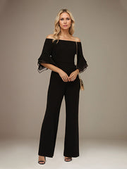 Black Chiffon Off the Shoulder 1/2 Sleeves Separates Jumpsuit/Pantsuit Mother of the Bride Dress