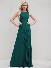 Peacock Chiffon A Line Scoop Neck Sleeveless Floor Length Bridesmaid Dress With Ruffle