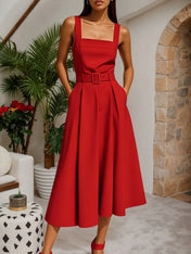 Red Square Neck Sleeveless A-Line Midi Dress