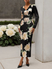 Black Floral V Neck Long Sleeve Sheath Midi Satin Dress
