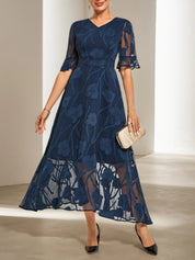 Purplish blue Lace V Neck Short Sleeve A-Line Midi Dress