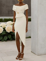 Women White Sash Buckle Off The Shoulder Short Sleeve Top With Skirt Two-Piece Set