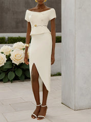 Women White Sash Buckle Off The Shoulder Short Sleeve Top With Skirt Two-Piece Set