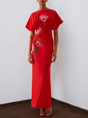 Red Applique Boat Neck Short Sleeve Backless Sheath Maxi Dress