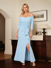 Sky Blue Chiffon Off the Shoulder 3/4 Sleeves Ankle Length Mother of the Bride Dress