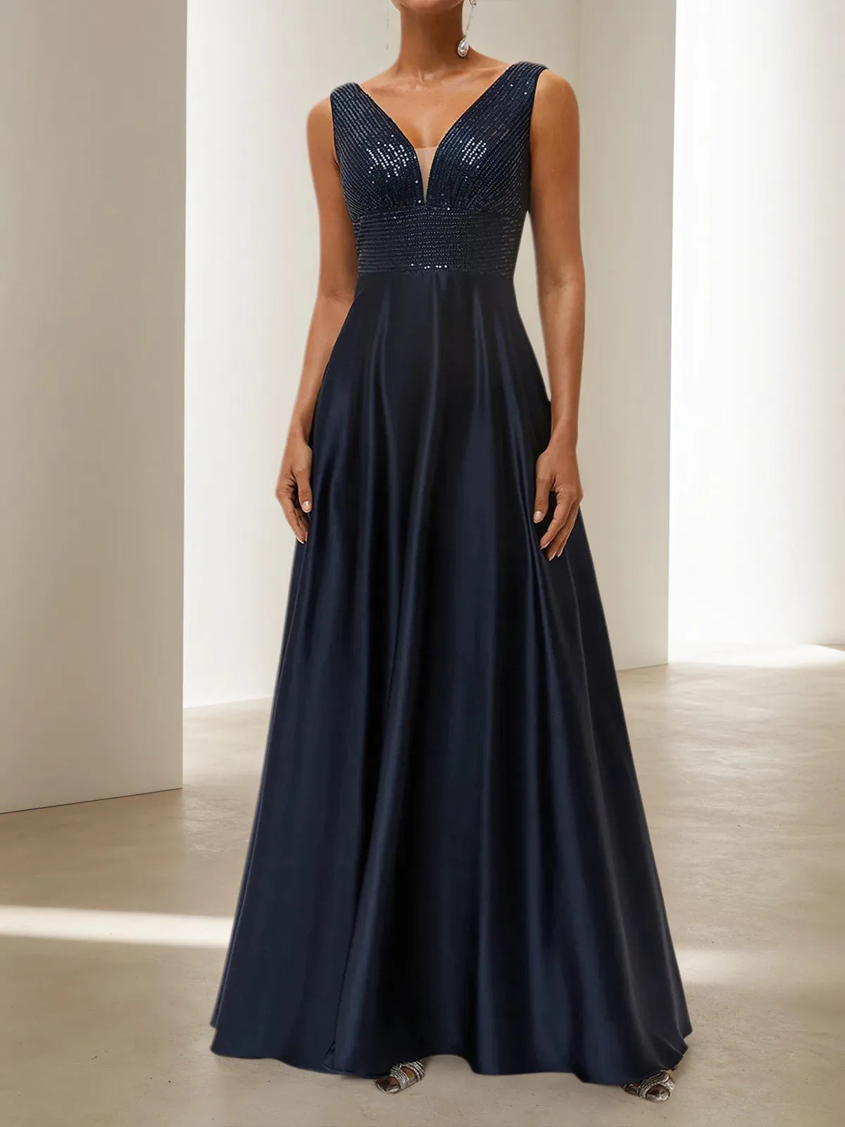Purplish Blue Sequin A-Line Gown Satin Dress