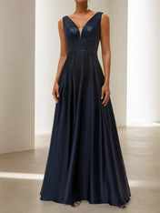 Purplish Blue Sequin A-Line Gown Satin Dress