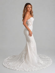 Elegant Strapless Sweetheart Illusion Lace Mermaid Wedding Dress with Cathedral Train